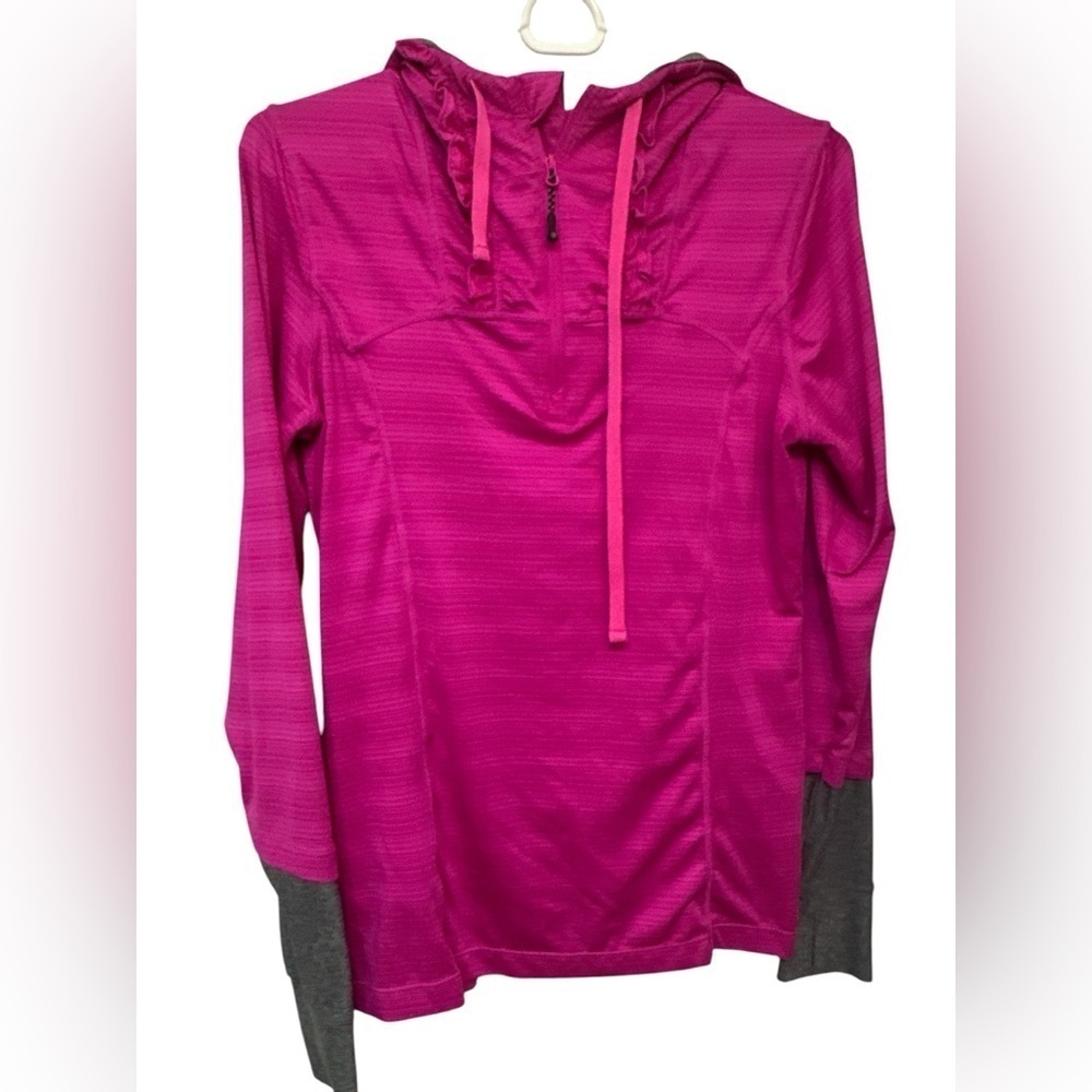 MPG Mondetta Pink Pullover Hoodie Ruffle Quarter Zip Thumb Holes